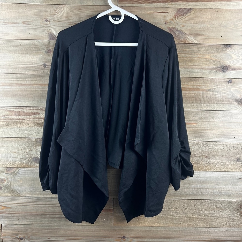 Torrid Womens‎ Blazer 3/4 Ruched Sleeves Open Drape Front Black Minimalist 4X